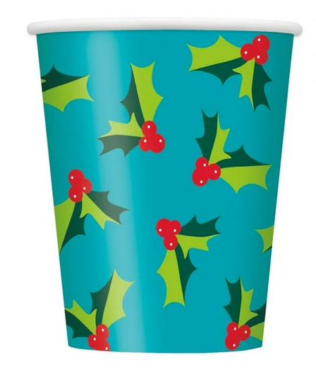 Christmas Holidays Holly Santa 9oz Paper Cups  8/CT