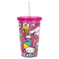 Pink tumbler with cartoon characters on a white background