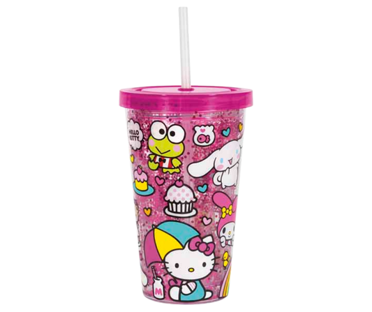 Pink tumbler with cartoon characters on a white background