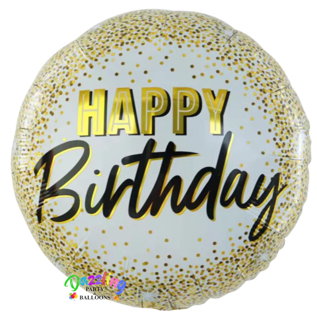 Happy Birthday balloon for all ages with gold and white