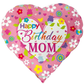 Heart-shaped birthday balloon for mom with colorful flowers and butterflies on a white background