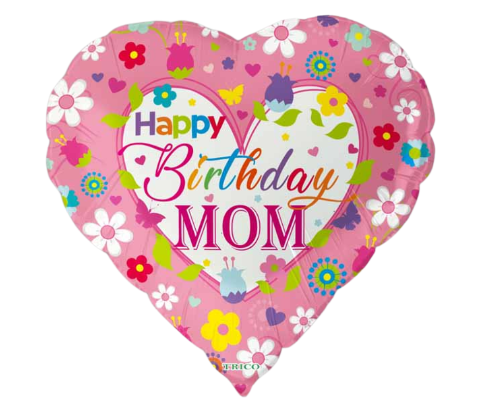 Heart-shaped birthday balloon for mom with colorful flowers and butterflies on a white background