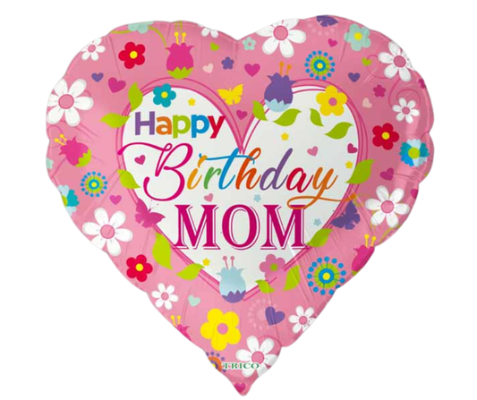 Heart-shaped birthday balloon for mom with colorful flowers and butterflies on a white background