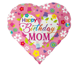 Heart-shaped birthday balloon for mom with colorful flowers and butterflies on a white background