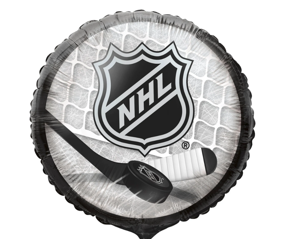 NHL logo balloon with hockey puck and stick on a white background