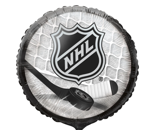 NHL logo balloon with hockey puck and stick on a white background