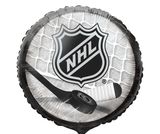 NHL logo balloon with hockey puck and stick on a white background