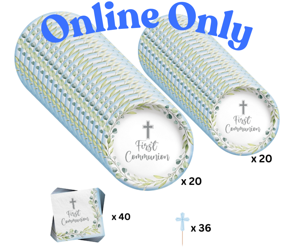 Decorative boxes with 'First Communion' text and quantities on a white background.