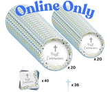 Decorative boxes with 'First Communion' text and quantities on a white background.