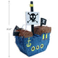 Pirate ship-shaped piñata with skull and crossbones flags on a white background