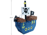 Pirate ship-shaped piñata with skull and crossbones flags on a white background