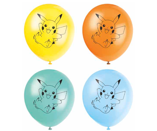 Four balloons with Pikachu illustrations on a white background