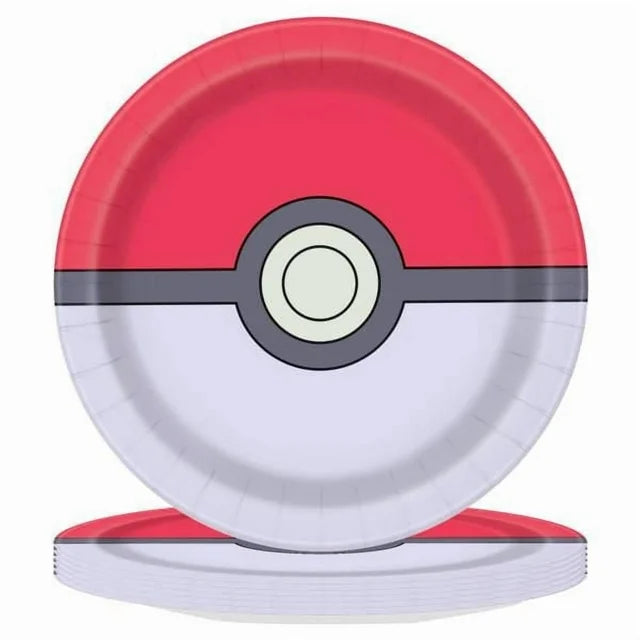 8 vibrant 7-inch round paper plates featuring the classic Pokemon ball in red, white and balck design