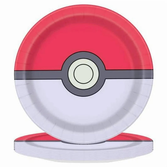 8 vibrant 7-inch round paper plates featuring the classic Pokemon ball in red, white and balck design