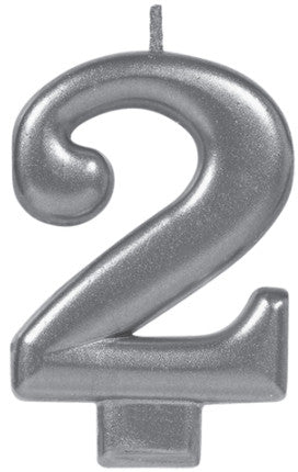 Silver Metallic Numeral Birthday Party Cake Candle #2 Number Two
