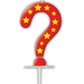Red candle shaped like a question mark with yellow stars on a white background