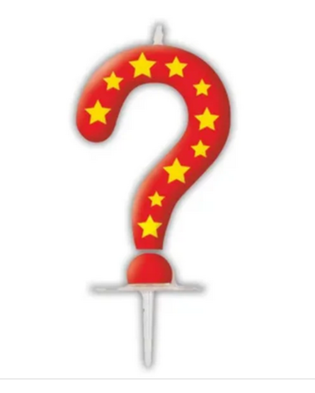 Red candle shaped like a question mark with yellow stars on a white background