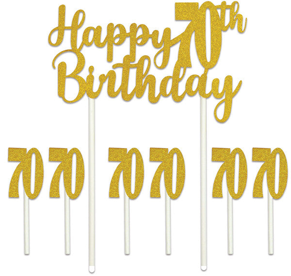 Happy 70th Birthday Gold Glitter Cake Topper 7 PCS