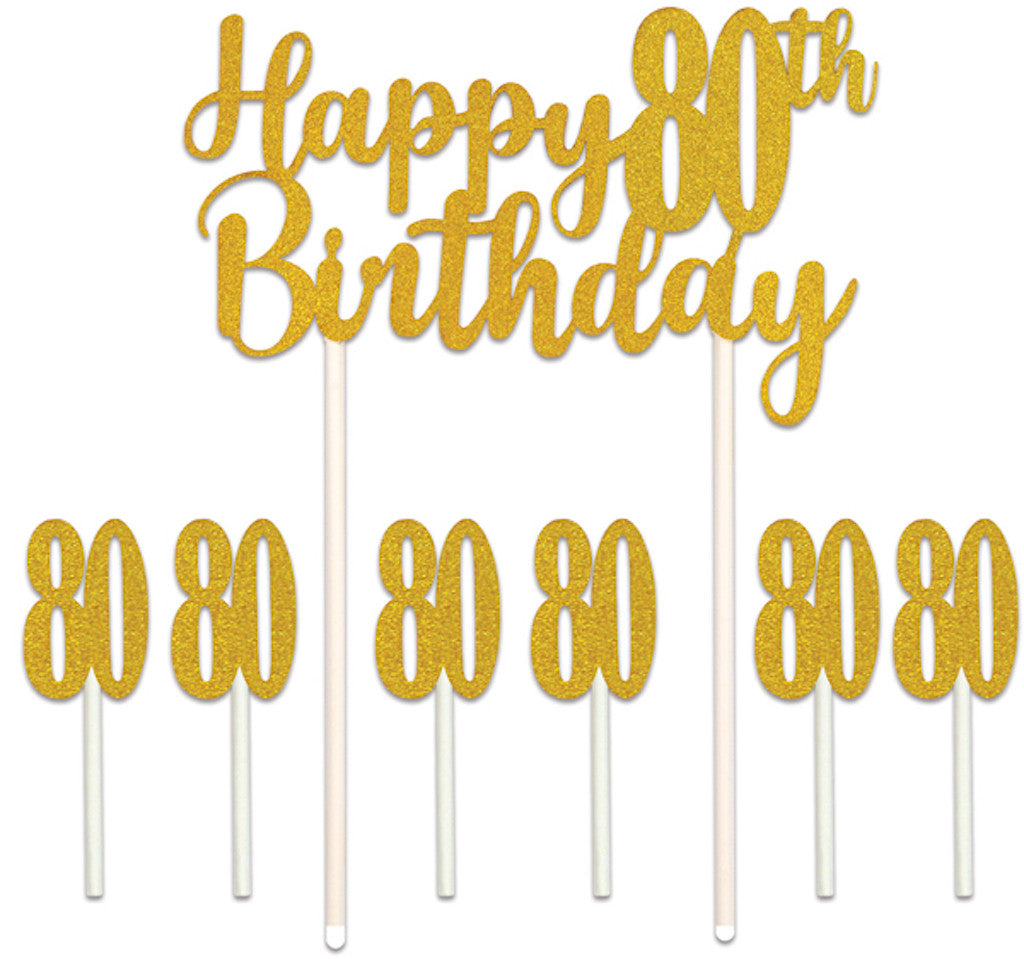 Happy 80th Birthday Gold Glitter Cake Topper 7 PCS