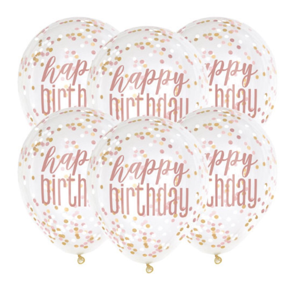 Clear rose gold balloons with confetti happy birthday
