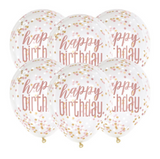 Clear rose gold balloons with confetti happy birthday