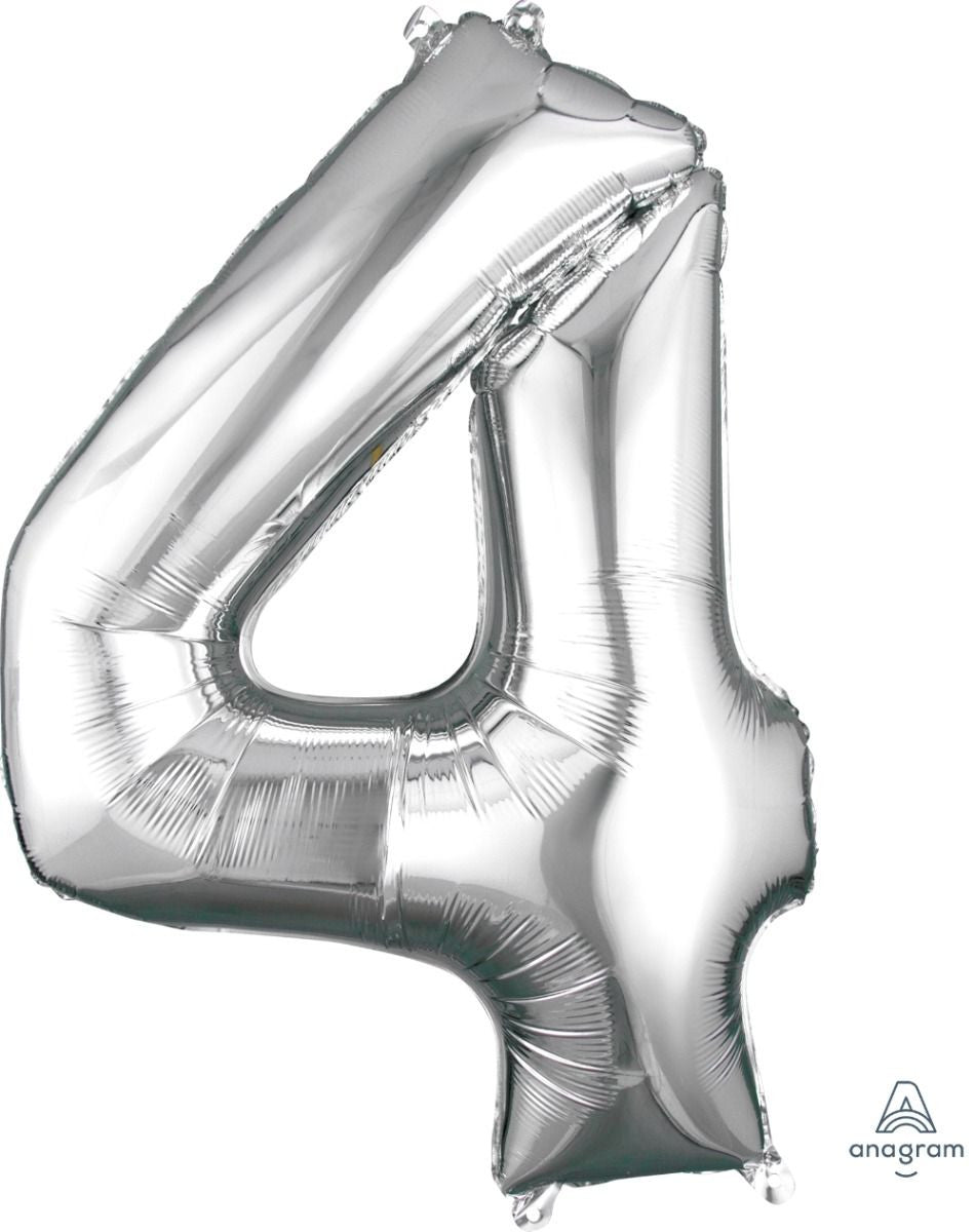 34" Silver Number 4 Supershape Decorative Foil Balloon