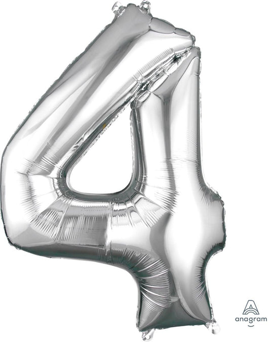 34" Silver Number 4 Supershape Decorative Foil Balloon