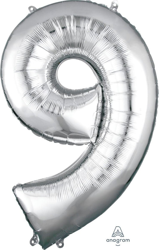 34" Silver Number 9 Supershape Decorative Foil Balloon