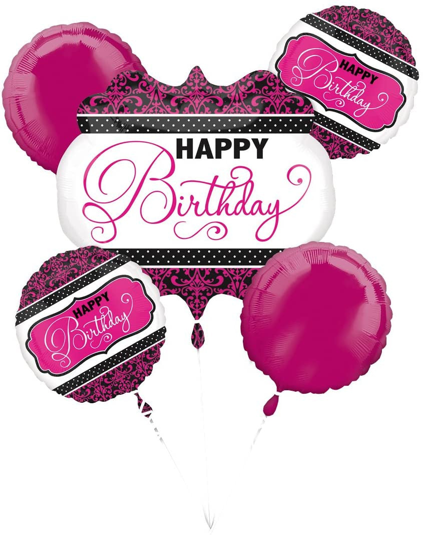 5 Balloons Happy Birthday Bouquet Pink Black