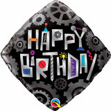 Happy Birthday Square Balloon Black with Gears