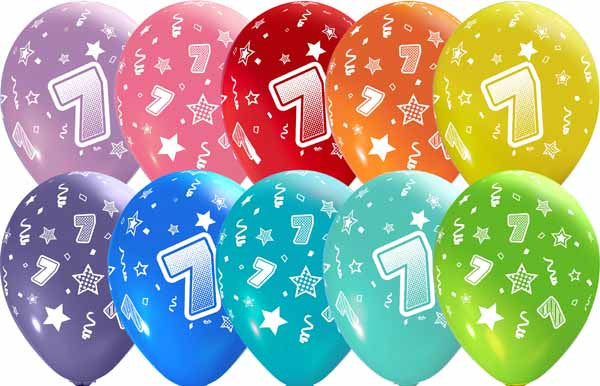 number 7 all over printed latex balloons assorted colors