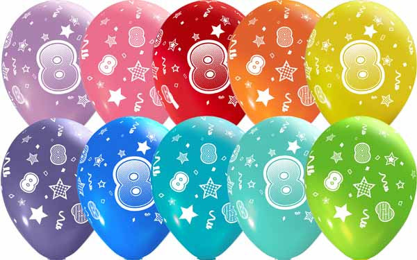 number 8 all over printed latex balloons assorted colors