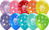 number 9 all over printed latex balloons assorted colors