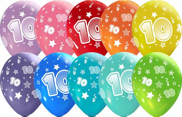 number 10 all over printed latex balloons assorted colors