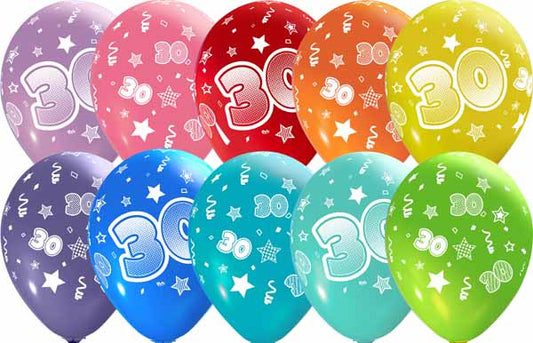 number 30 all over printed latex balloons assorted colors