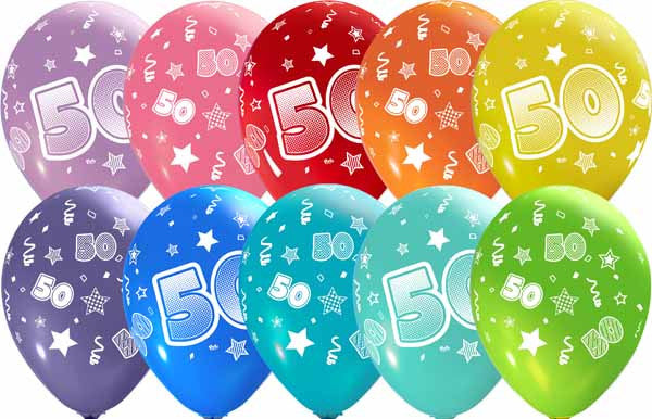 number 50 all over printed latex balloons assorted colors