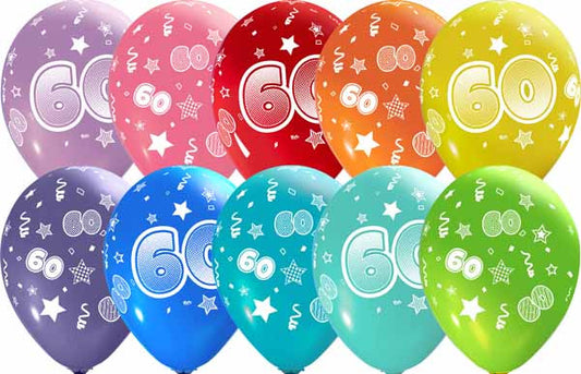 number 60 all over printed latex balloons assorted colors