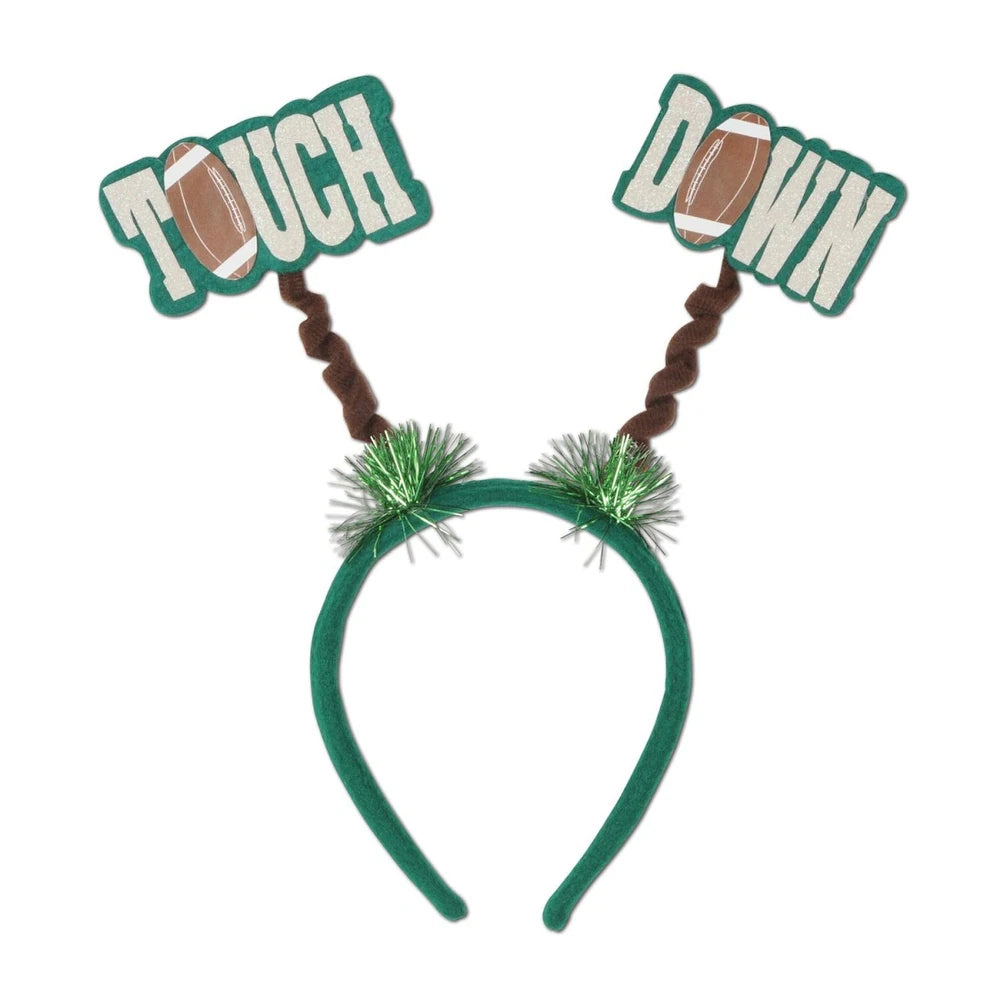 Green headband with 'Touchdown' text and football graphics on a white background
