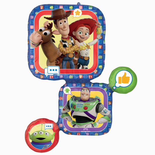 Toy Story-themed inflatable with characters Woody, Buzz Lightyear, and Alien on a white background