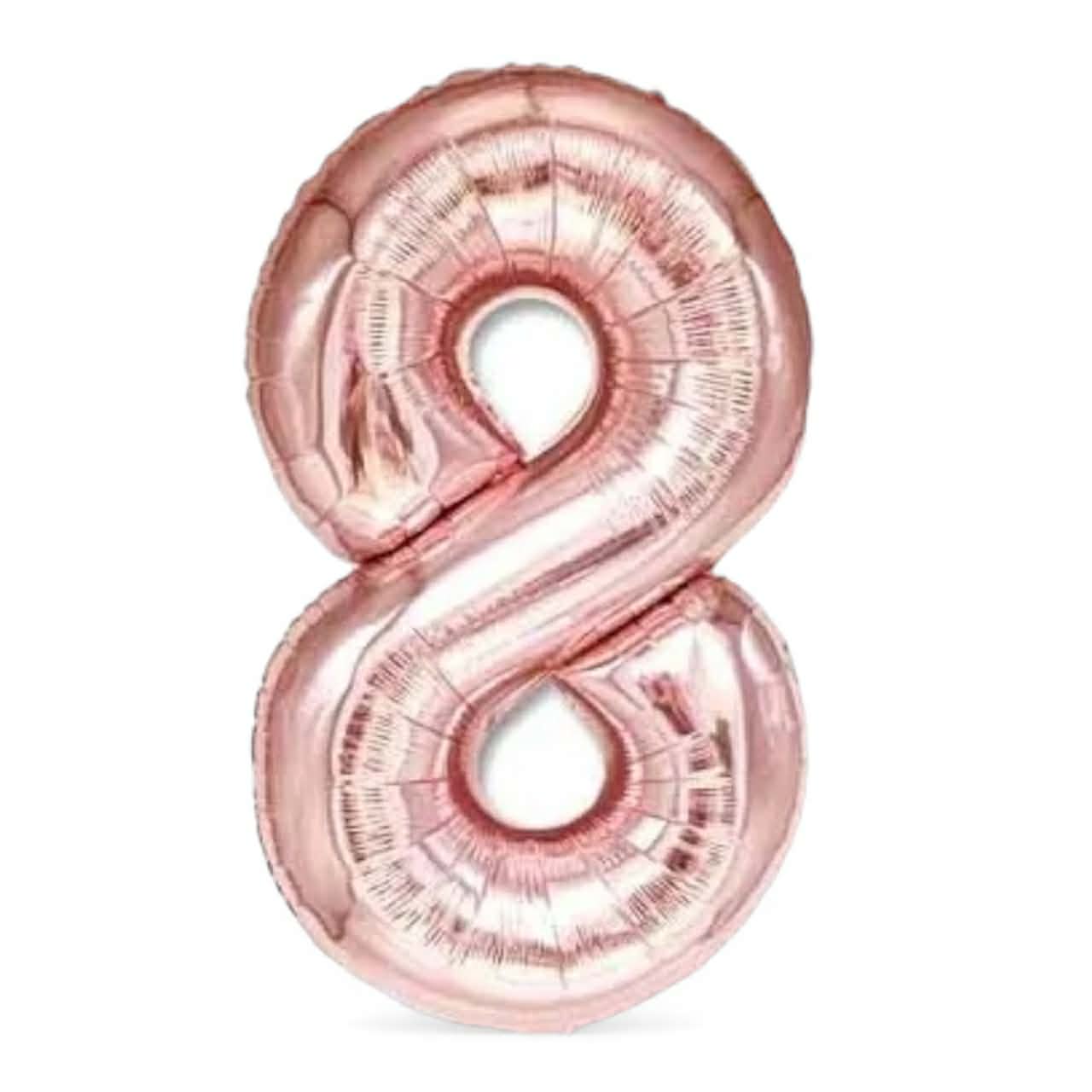 Rose gold number 8 balloon on a white background