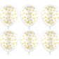 Six balloons with gold butterfly and star patterns on a white background