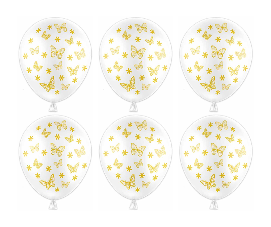 Six balloons with gold butterfly and star patterns on a white background