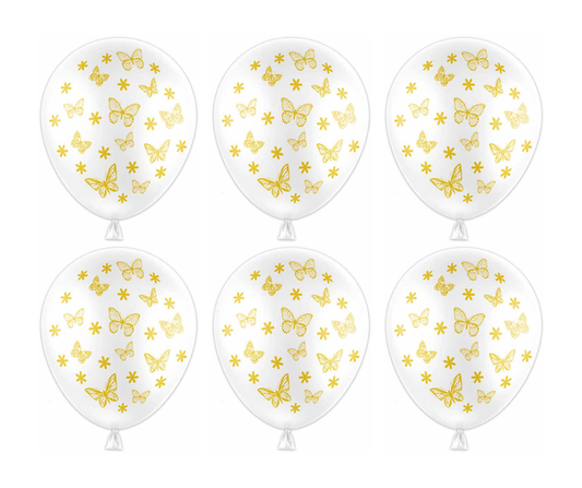 Six balloons with gold butterfly and star patterns on a white background