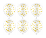 Six balloons with gold butterfly and star patterns on a white background
