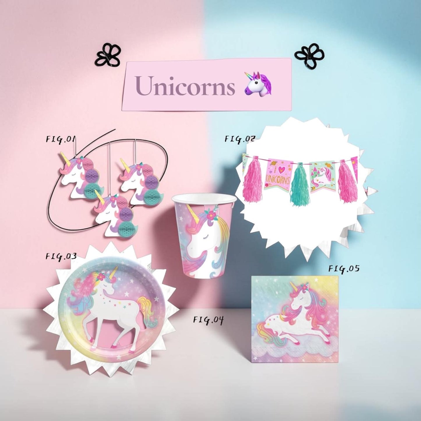 A set of unicorn-themed party supplies arranged on a pastel pink and blue background, including a hanging unicorn cutout garland, a tassel banner, a cup, a round plate, and a napkin, with a sign reading 'Unicorns' above.