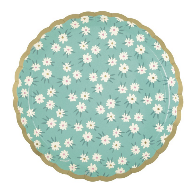 Spring Floral Mint Dessert Plates - 8 Pack - Scalloped Foil