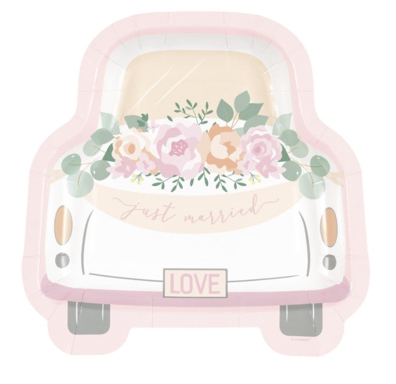 Pink Blooms "Just Married" Car-Shaped 8.25" Plates