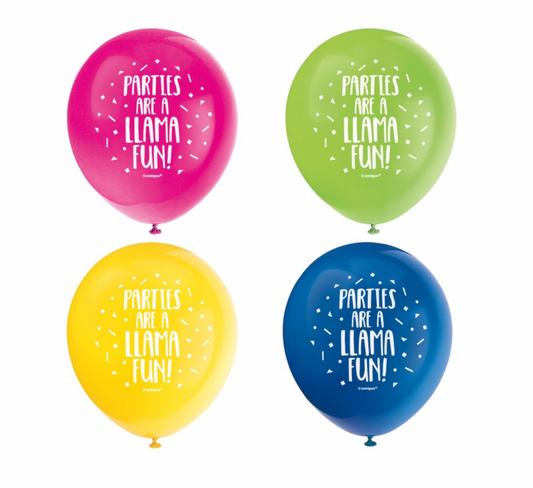 Llama Birthday Parties 12" Latex Print Balloon Assorted Colors 8pk