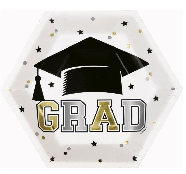Starry Graduation "Grad" Hexagon Shaped 9.25" Plates  8ct - Foil Stamping