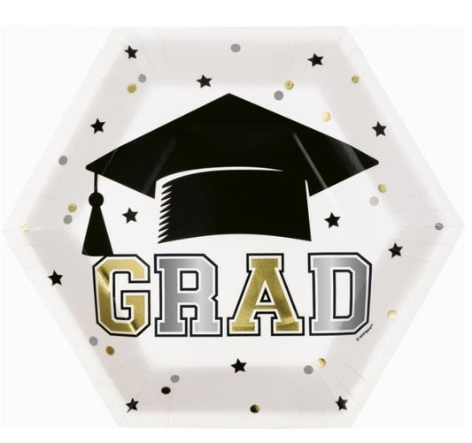 Starry Graduation "Grad" Hexagon Shaped 9.25" Plates  8ct - Foil Stamping